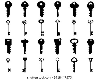 Key collection. Retro and modern house key silhouettes vector template for logo design. Set of keys white silhouette for safety house illustration