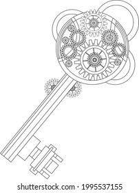 Key coloring book in steampunk style. Vector illustration of a sketch on a white background.