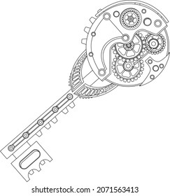 Key coloring book in steampunk style. Vector illustration of a sketch on a white background.