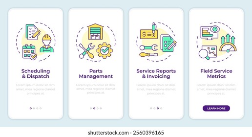 Key components of FSM onboarding mobile app screen. Field service. Walkthrough 4 steps editable graphic instructions with linear concepts. UI, UX, GUI template