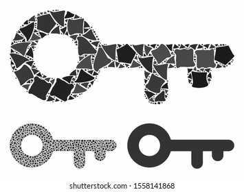 Key composition of unequal pieces in variable sizes and color tinges, based on key icon. Vector tuberous pieces are united into collage. Key icons collage with dotted pattern.