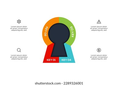 Concepto clave para infografía con 4 pasos, opciones, partes o procesos. Visualización de datos empresariales.