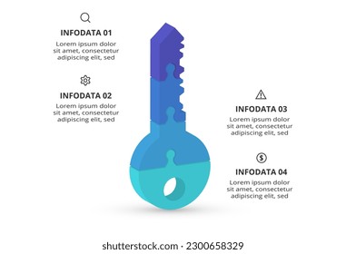 Schlüsselkonzept für Infografiken mit 4 Schritten, Optionen, Teilen oder Prozessen. Visualisierung von Geschäftsdaten.