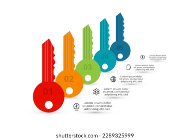 Schlüsselkonzept für Infografiken mit 5 Schritten, Optionen, Teilen oder Prozessen. Visualisierung von Geschäftsdaten.