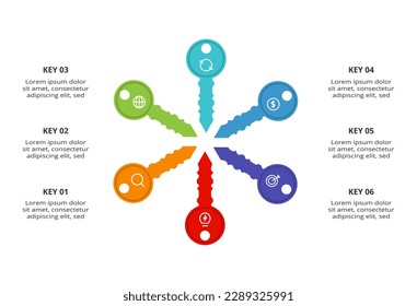 Key concept for infographic with 6 steps, options, parts or processes. Business data visualization.