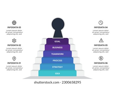 Concepto clave para infografía con 6 pasos, opciones, partes o procesos. Visualización de datos empresariales.