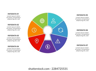 Concepto clave para la infografía con 7 pasos, opciones, partes o procesos. Visualización de datos empresariales.	