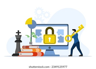 key concept of success in business, with businessman holding key, business plan. business presentation, online advertising. main account manager. The key to success and purpose. vector illustration.