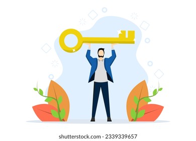 Key concept for success in your career. Unlock the ability to be independent. Self-development. Man holding keys proudly. idea in business. flat vector illustration on flat background.