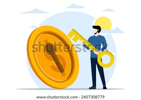 Key concepts for financial success. smart businessman investor holding big golden key to open coin keyhole, unlock secret reward for investment opportunities, wealth solutions to make money and profit