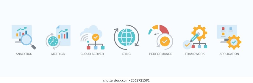 Key Concepts In Modern Technology Icon Set Isolated Vector Illustration Concept With Icon Of Analytics, Metrics, Cloud Server, Sync, Performance, Framework, Application In Flat Style