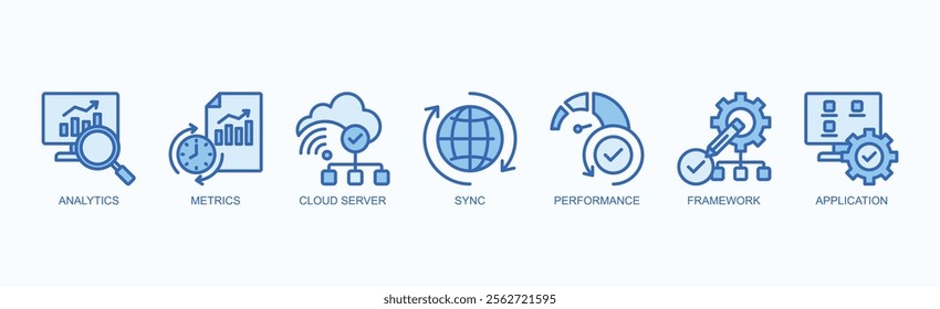 Key Concepts In Modern Technology Icon Set Isolated Vector Illustration Concept With Icon Of Analytics, Metrics, Cloud Server, Sync, Performance, Framework, Application In Blue Style