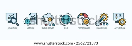 Key Concepts In Modern Technology Icon Set Isolated Vector Illustration Concept With Icon Of Analytics, Metrics, Cloud Server, Sync, Performance, Framework, Application In Outline Color Style