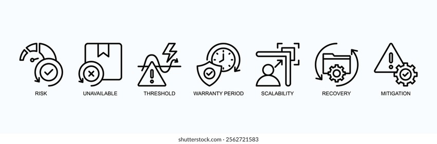 Key Concepts In Risk Management Icon Set Isolated Vector Illustration Concept With Icon Of Risk, Unavailable, Threshold, Warranty Period, Scalability, Recovery, Mitigation In Outline Style