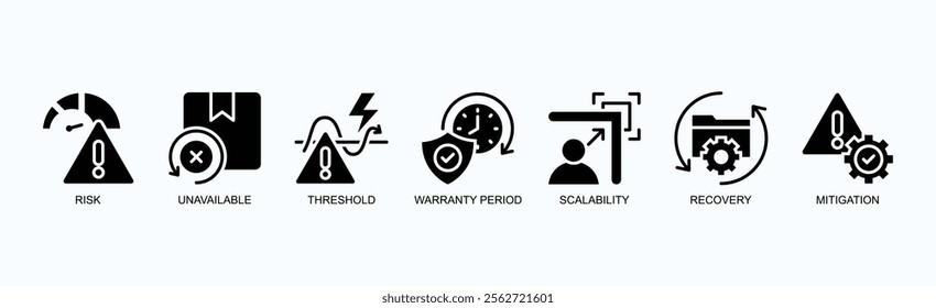 Key Concepts In Risk Management Icon Set Isolated Vector Illustration Concept With Icon Of Risk, Unavailable, Threshold, Warranty Period, Scalability, Recovery, Mitigation In Glyph Style