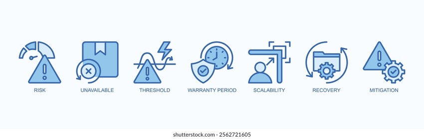 Key Concepts In Risk Management Icon Set Isolated Vector Illustration Concept With Icon Of Risk, Unavailable, Threshold, Warranty Period, Scalability, Recovery, Mitigation In Blue Style