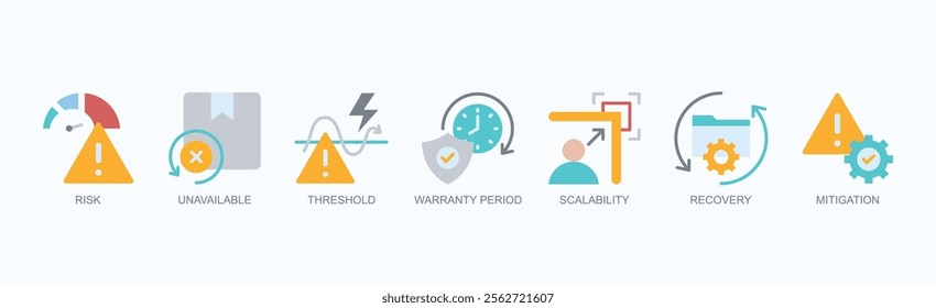 Key Concepts In Risk Management Icon Set Isolated Vector Illustration Concept With Icon Of Risk, Unavailable, Threshold, Warranty Period, Scalability, Recovery, Mitigation In Flat Style