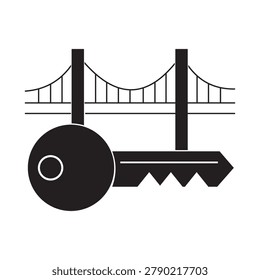 Key and connection bridge vector icon representing business solution unlock potential logistics infrastructure investment security system gateway and access connection strategy isolated on white background.