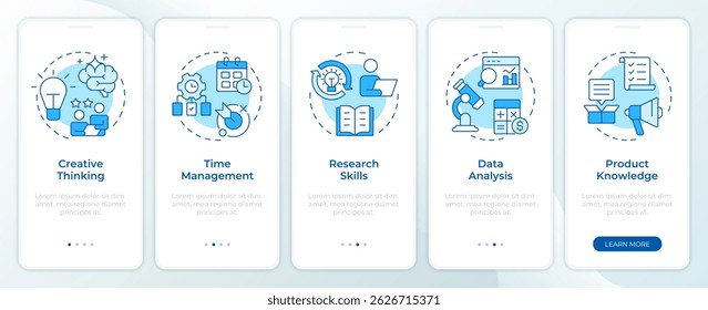 Key consultant competencies blue onboarding mobile app screen. Walkthrough 5 steps editable graphic instructions with linear concepts. UI, UX, GUI