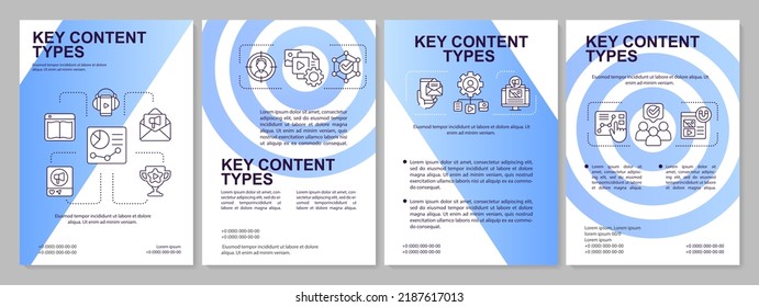 Key content types blue brochure template. Brand promotion. Leaflet design with linear icons. Editable 4 vector layouts for presentation, annual reports. Arial, Myriad Pro-Regular fonts used