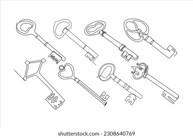 key continuous line art vector set illustration