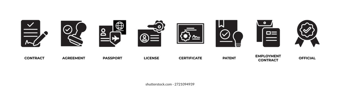Schlüsselverträge und offizielle Dokumente Icons setzen Vektorgrafik mit Vertrag , Vereinbarung, Pass, Lizenz, Zertifikat, Patent, Arbeitsvertrag, Offiziell