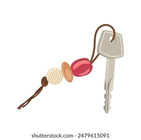 Key with creative handcraft mineral stones pendant on leather thread isolated vector illustration