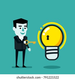 Key to creativity, better idea generation concept. Cheerful man holds keys to the idea light bulb. Flat style vector illustration