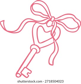Llave decorada con el arte de la línea del arco de la cinta. sostenedor de la forma del corazón de la llave vintage dibujado a mano rosa. Símbolo de amor romántico. Herramienta de bloqueo y desbloqueo. Vector doodle ilustración aislada. Guardar La fecha