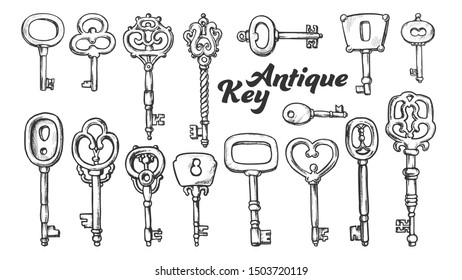 Key In Different Form And Material Ink Set Vector. Collection Bunch Decorative Antique Key. Equipment For Lock And Unlock Padlock Template Designed In Vintage Style Monochrome Illustrations