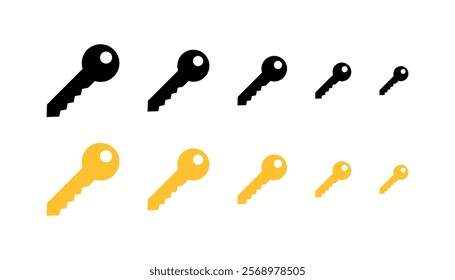 Key different sizes set icons. Flat and silhouette style. Vector icons.