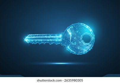 Clave. Tecla de estructura de alambre poligonal digital en azul. Seguridad, éxito, ilustración de concepto de solución o fondo. Concepto de seguridad cibernética.