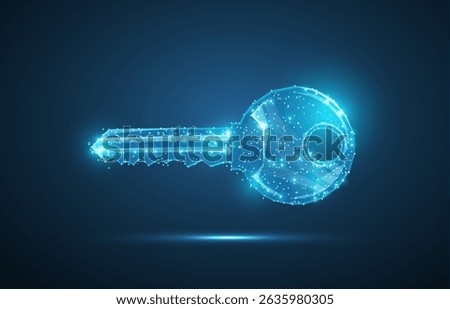 Key. Digital polygonal wireframe key on blue. Security, success, solution concept illustration or background. Cyber security concept.