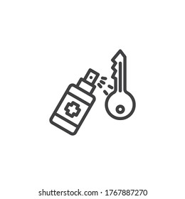 Key disinfection line icon. linear style sign for mobile concept and web design. Sanitize keys outline vector icon. Symbol, logo illustration. Vector graphics
