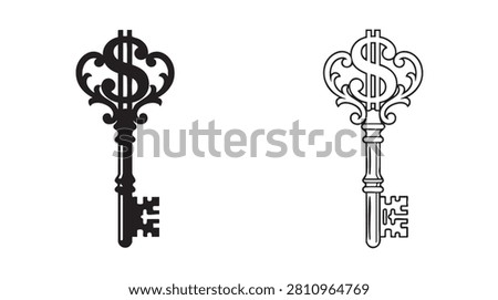key with dollar sign black silhouette with line art vector icon