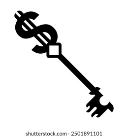 Key with dollar sign in old style. Black silhouette of key. Vector illustration isolated on white background.