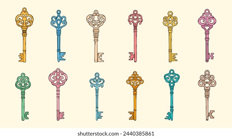 Key doodle set. House key doodle. Antigue keys sketch. Modern trendy doodles. House keys, home rental, secret door, safe, jewelry box, real estate.