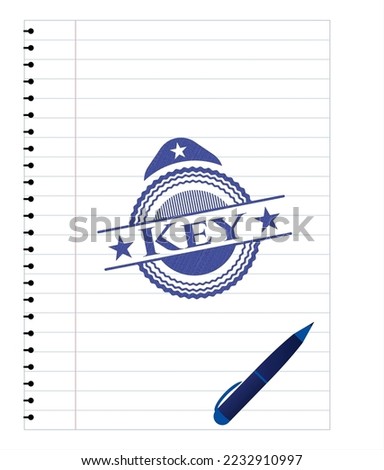 Key drawn with pen strokes. Blue ink. Vector Illustration. Detailed. 