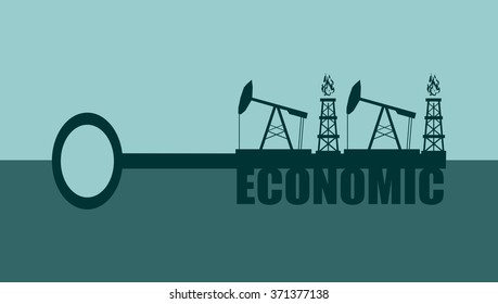 Key with economic word and mining equipment icons, vector concept. Oil and gas industry relative metaphor
