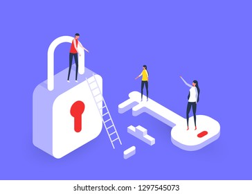 The Key to effective teamwork. Isometric design. Vector illustration