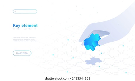 Key element white poster. Hand with blue puzzle. Metaphor of business processes and innovations. Collaboration and cooperation. Landing webpage design. Neon isometric vector illustration