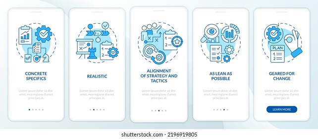 Key elements of business plan blue onboarding mobile app screen. Walkthrough 5 steps editable graphic instructions with linear concepts. UI, UX, GUI template. Myriad Pro-Bold, Regular fonts used