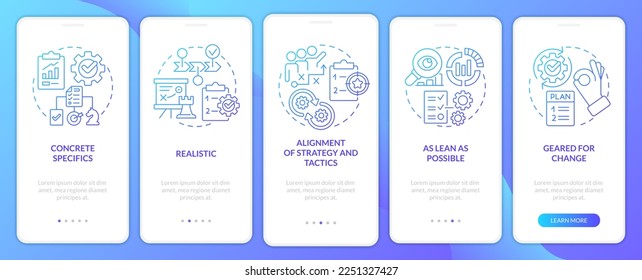 Elementos clave de la pantalla de aplicación móvil de gradiente azul del plan de negocios. Recorrido 5 pasos instrucciones gráficas con conceptos lineales. UI, UX, plantilla GUI. Multitud de tipos de letra Pro-Bold, con uso regular