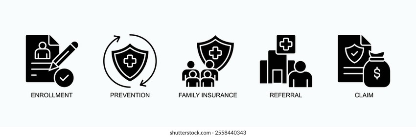 Key Elements Of Health Insurance And Member Services Icon Set Vector Illustration Concept With Icon Of Enrollment, Prevention, Family Insurance, Referral, Claim In Glyph Style