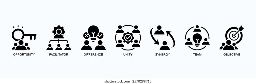 Key Elements Icon Set Isolated Vector Illustration Concept With Icon Of Opportunity, Facilitator, Difference, Unity, Synergy, Team, Objective In Glyph Style