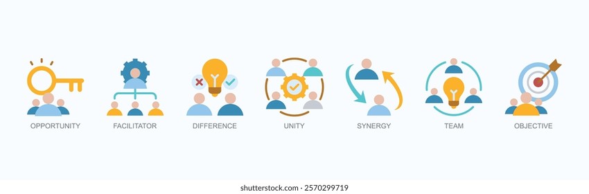 Key Elements Icon Set Isolated Vector Illustration Concept With Icon Of Opportunity, Facilitator, Difference, Unity, Synergy, Team, Objective In Outline Color Style