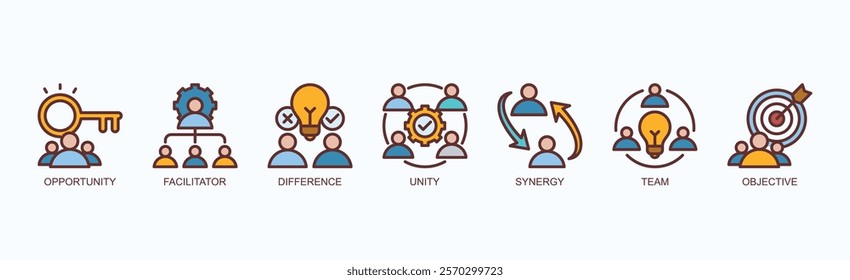 Key Elements Icon Set Isolated Vector Illustration Concept With Icon Of Opportunity, Facilitator, Difference, Unity, Synergy, Team, Objective In Blue Style