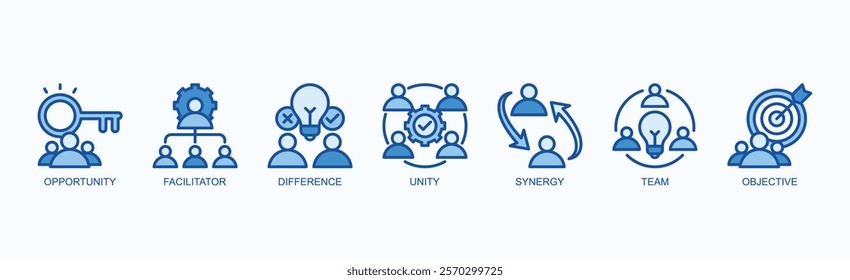 Key Elements Icon Set Isolated Vector Illustration Concept With Icon Of Opportunity, Facilitator, Difference, Unity, Synergy, Team, Objective In Flat Style