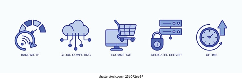 Key Elements Of Modern Web Infrastructure And Services Icon Set Vector Illustration Concept With Icon Of Bandwidth, Cloud Computing, Ecommerce, Dedicated Server, Uptime In Blue Style