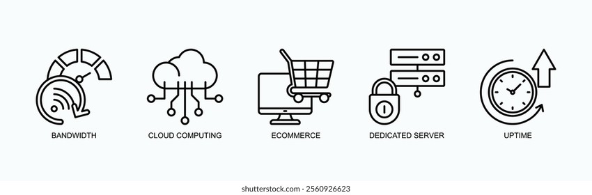 Key Elements Of Modern Web Infrastructure And Services Icon Set Vector Illustration Concept With Icon Of Bandwidth, Cloud Computing, Ecommerce, Dedicated Server, Uptime In Outline Style